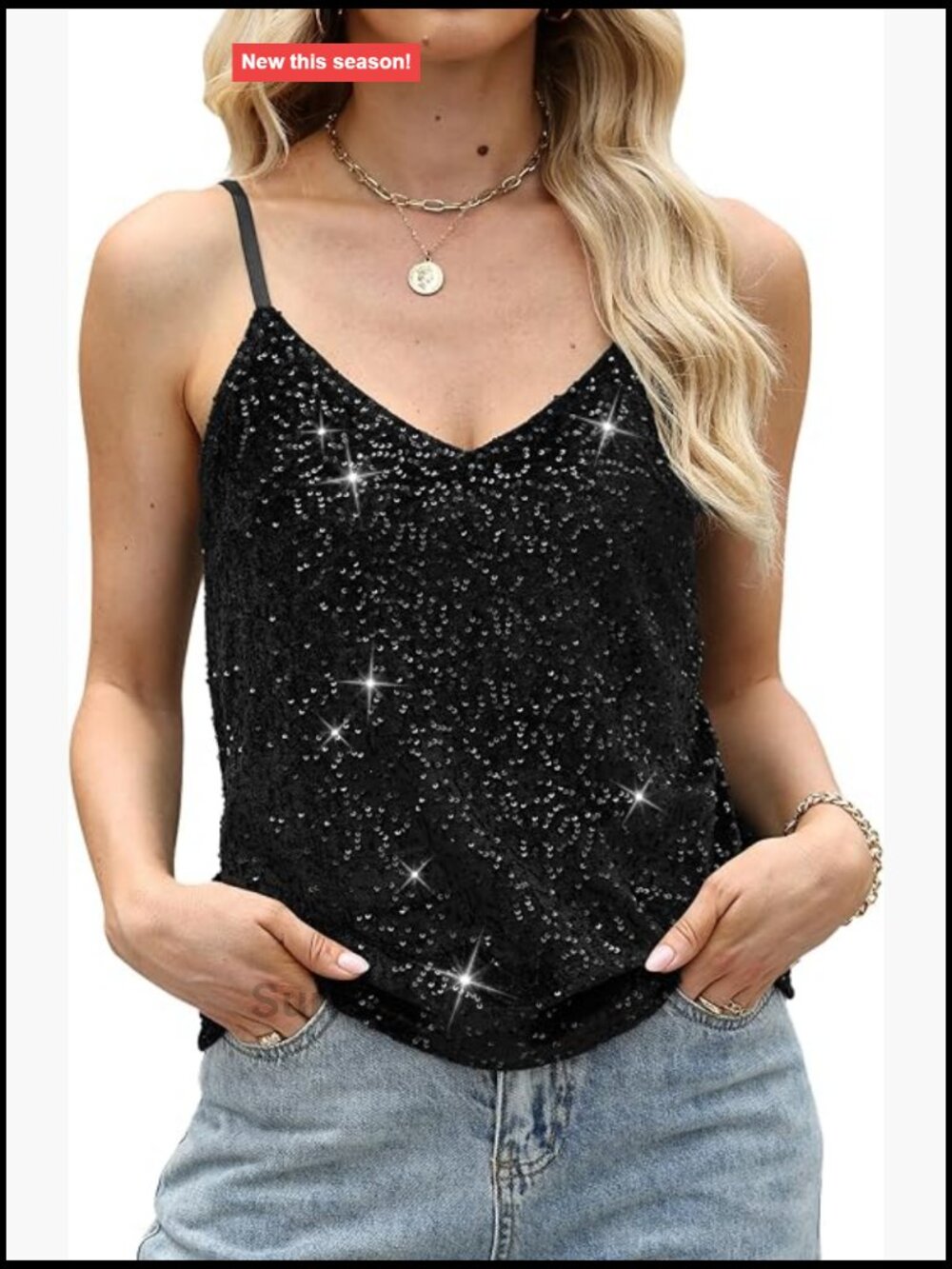 Women's Velvet Sequin V-Neck Tank Top - Sparkly Cami for Parties